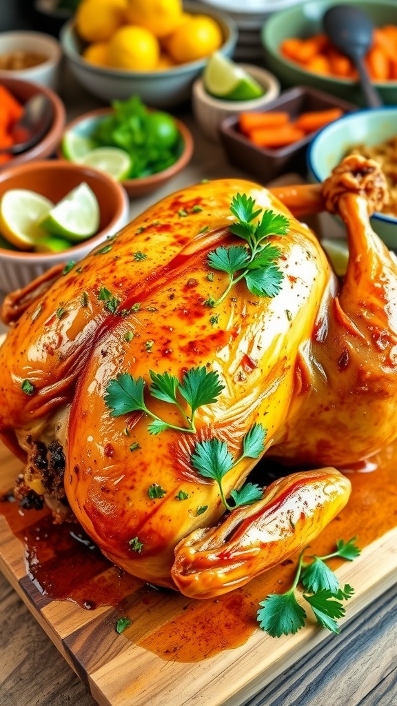 A roasted turkey marinated with lime and cilantro, garnished with lime wedges and cilantro, on a wooden board.